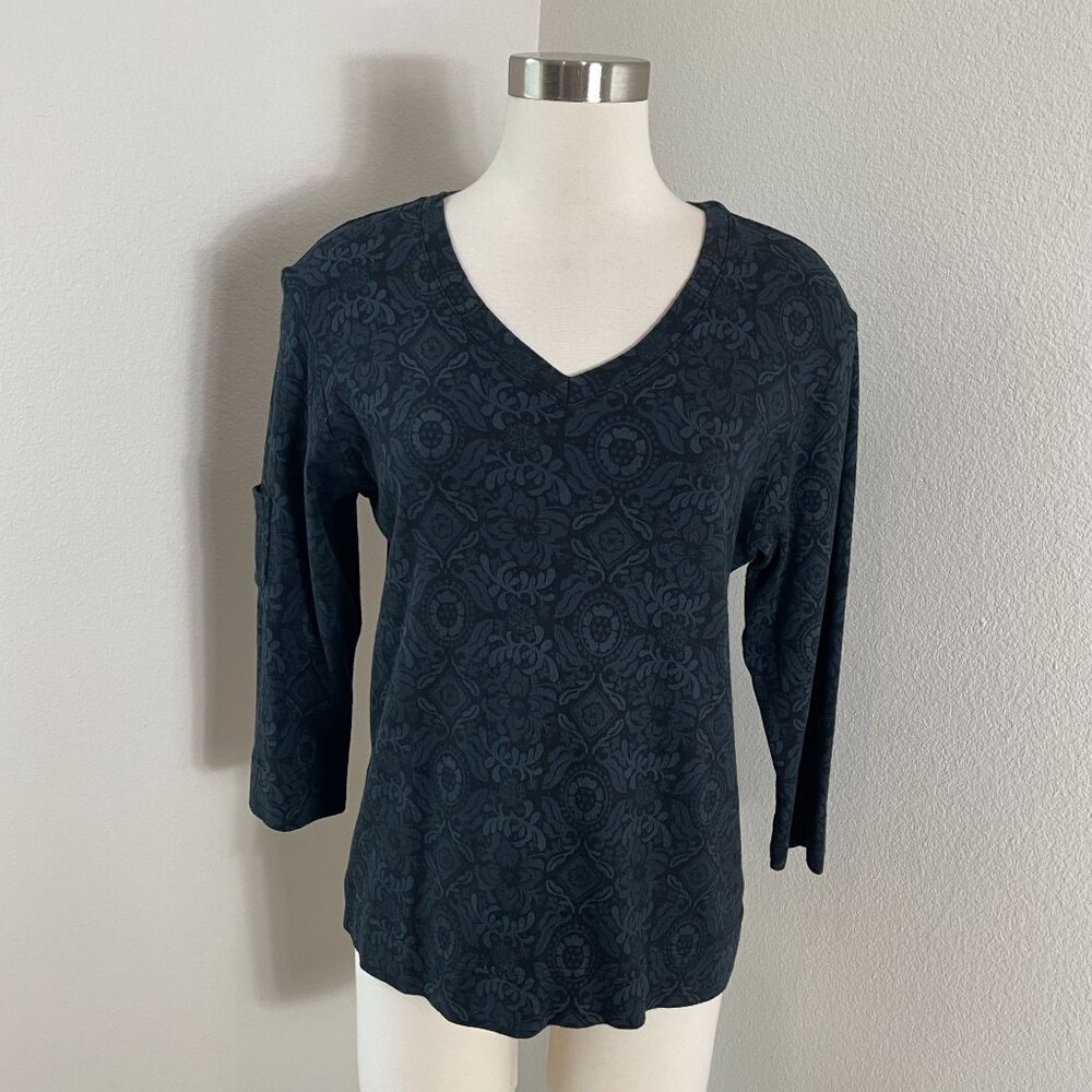 Fresh Produce Womens Large Floral V‎ Neck Shirt 3/4 Pocket Sleeve Top